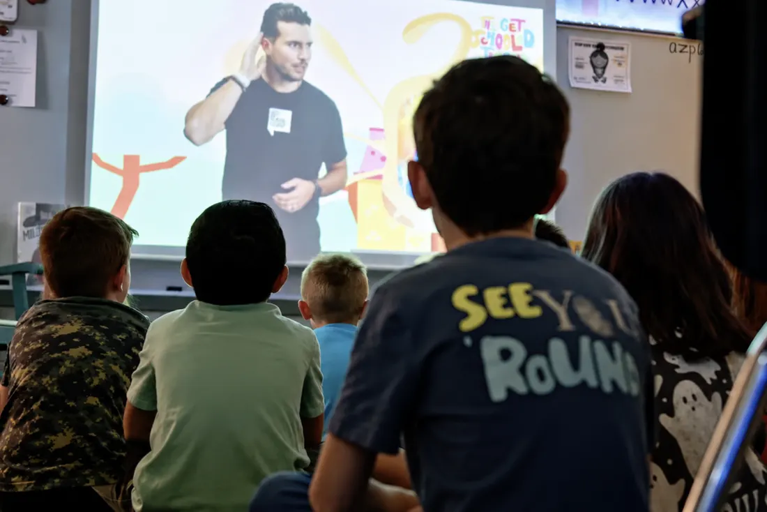 Kids watching a Get Schooled Tour Jr. assembly